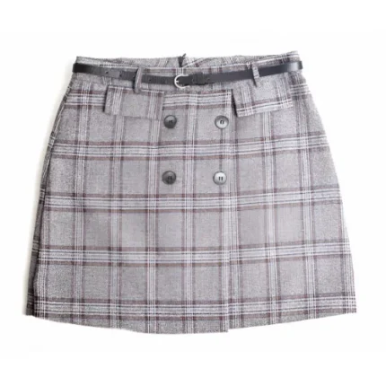 womens grey plaid buttoned mini kilt with black belt