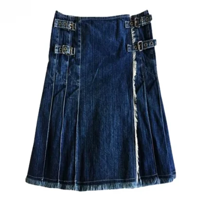 womens stylish blue denim kilt with pleats and double buckles