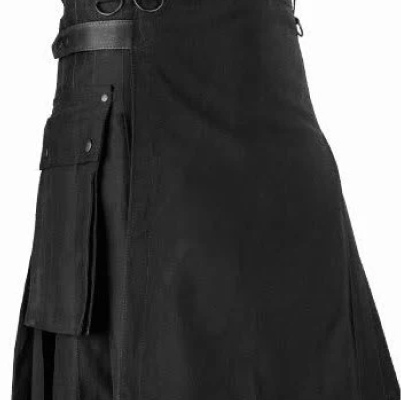 Utility Black Wool Traditional Kilt with Tartan Accents