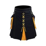 Men’s Black and Yellow Hybrid Kilt with Lace-Up Front and Detachable Pockets