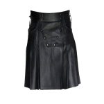 Men's Black Pleated Leather Kilt with Front Stud Details