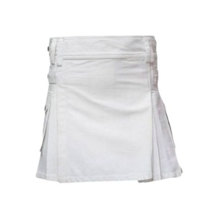 Women’s White Mini Utility Kilt with Adjustable Straps and Side Pockets
