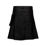 Stylish Black Pleated Leather Kilt with Buckle Straps and D-Rings