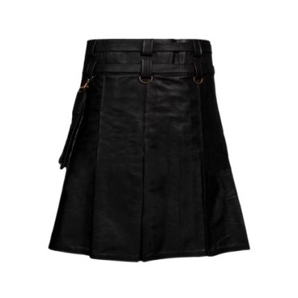 Stylish Black Pleated Leather Kilt with Buckle Straps and D-Rings