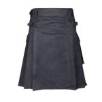 Dark Denim Kilt with Leather Straps, Buckles, and Cargo Pockets