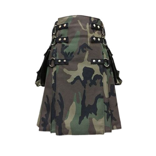 Green and Brown Camouflage Tactical Kilt with Cargo Pockets and Studs