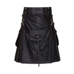 Black Leather Kilt with Detachable Pocket and Side Straps