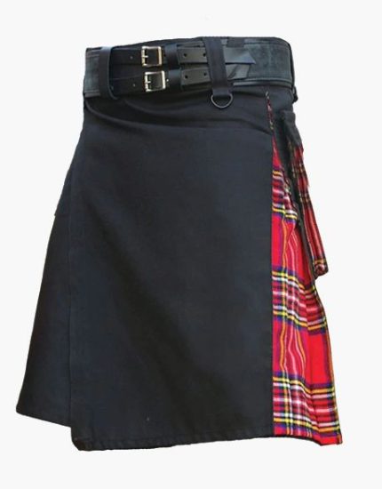 Men’s Black Hybrid Utility Kilt with Royal Stewart Tartan Pleats