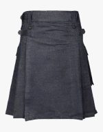 Dark Denim Kilt with Leather Straps, Buckles, and Cargo Pockets