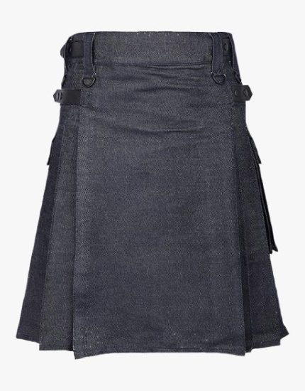 Dark Denim Kilt with Leather Straps, Buckles, and Cargo Pockets