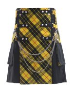 Men’s Black Gothic Hybrid Kilt with Yellow Tartan Front Apron and Chains