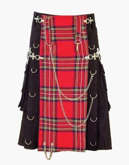 Men’s Black Hybrid Gothic Kilt with Royal Stewart Tartan Apron and Chains