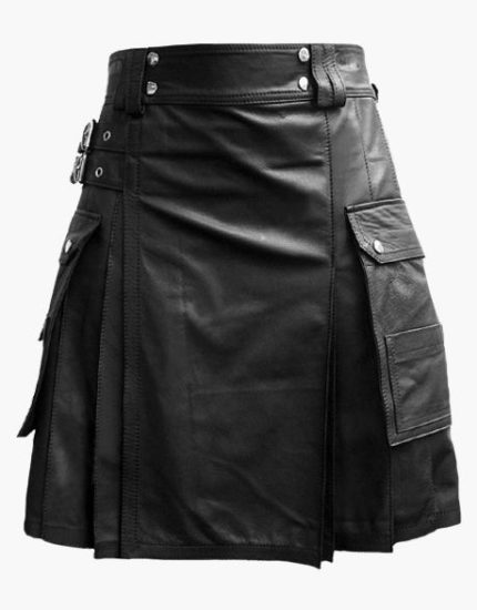 Black Leather Utility Kilt with Cargo Pockets and Snap Details