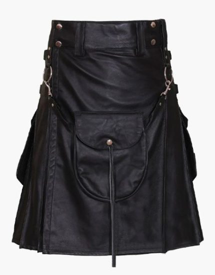 Black Leather Kilt with Detachable Pocket and Side Straps