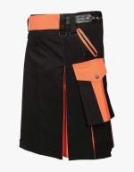 Men’s Black and Orange Utility Kilt with Cargo Pockets and Modern Design