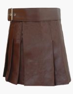 Classic Brown Leather Kilt with Pleated Design and Wide Belt