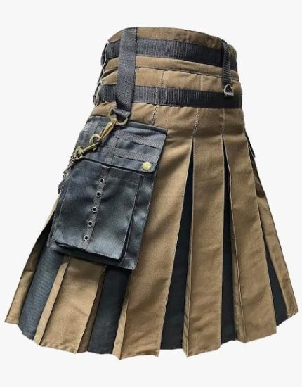 Men’s Brown and Black Gothic Hybrid Kilt with Black Watch Tartan Apron and Chains