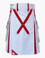 Men’s White and Red Modern Hybrid Kilt with Stylish Cross Detailing