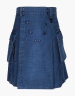 Indigo Denim Kilt with Cargo Pockets and Brass Studs