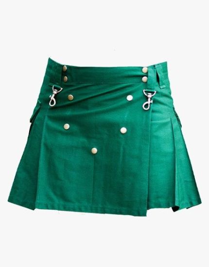 Women’s Green Utility Kilt with Decorative Hardware and Pleated Design