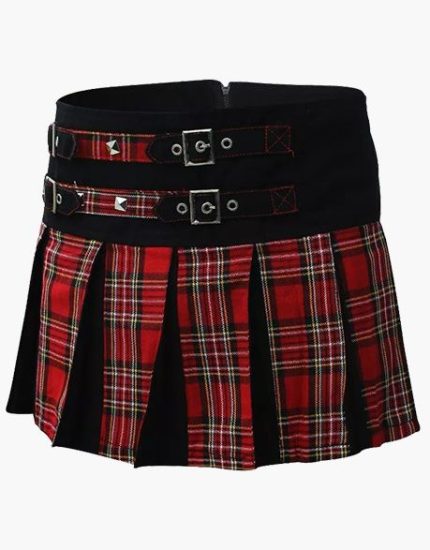 Women’s Black and Red Tartan Pleated Hybrid Kilt with Buckle Straps