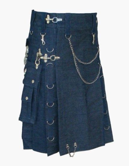 Blue Denim Kilt with Black Leather Straps, Buckles, and Silver Studs