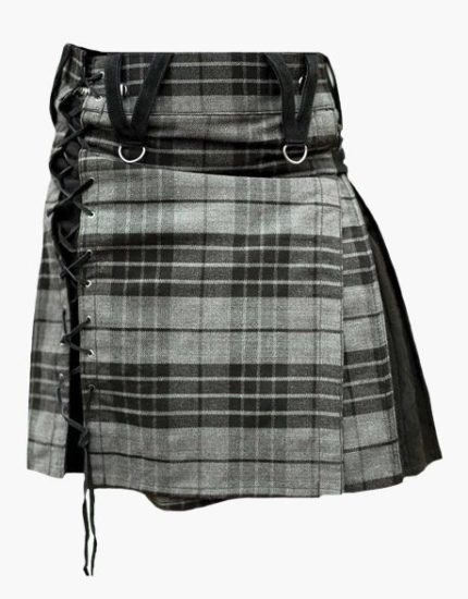 Women’s Grey Tartan Hybrid Kilt with Lace-Up Side and Black Accents