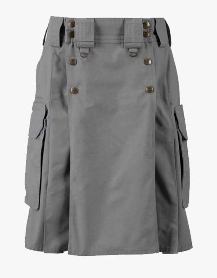 Gray Tactical Kilt with Cargo Pockets, Adjustable Straps, and Reinforced Stitching