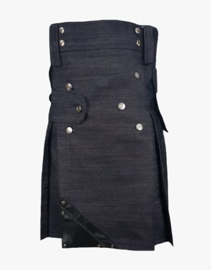 Dark Wash Denim Kilt with Black Leather Panel, Cargo Pockets, Silver Studs, and Buckles