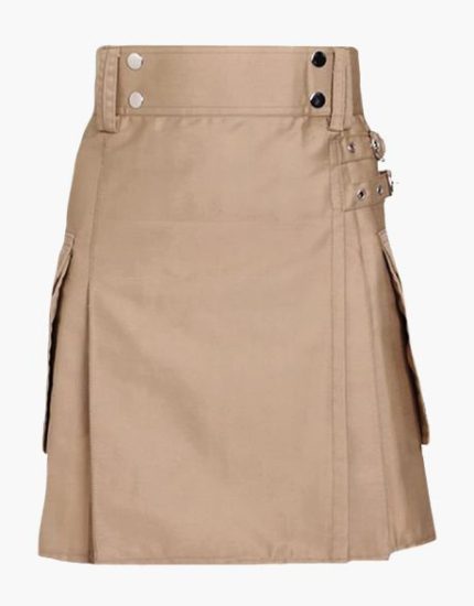 Women’s Beige Utility Kilt with Side Pockets and Buckle Straps