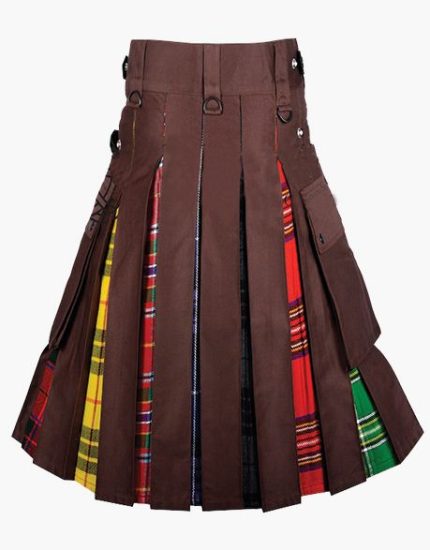 Men’s Brown Hybrid Kilt with Multi-Tartan Pleats and Utility Pockets