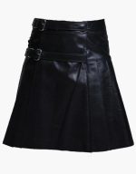 Men's Black Leather Kilt with Side Buckle Straps and Zip Pocket