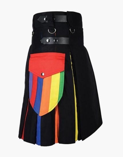 Men’s Black Utility Kilt with Rainbow Pleats and Cargo Pockets