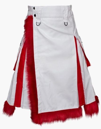 Men’s White and Red Christmas Hybrid Kilt with Fur Trim and Flap Pockets