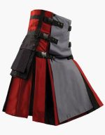 Men’s Red and Black Hybrid Kilt with Grey Front Apron and Cargo Pockets