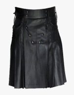 Men's Black Pleated Leather Kilt with Front Stud Details