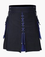 Men’s Black and Blue Hybrid Kilt with Lace-Up Front and Utility Design