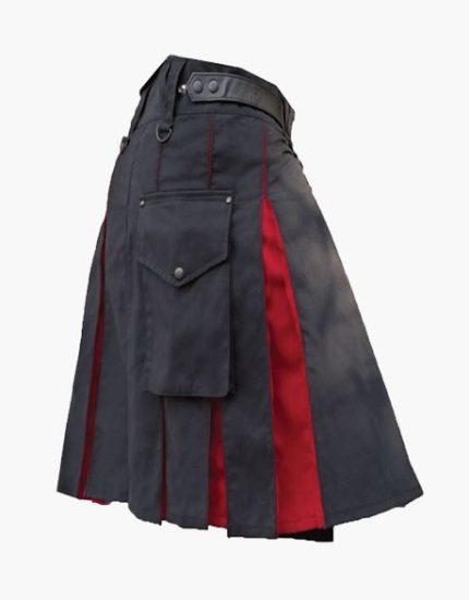 Men’s Modern Black Hybrid Kilt with Red Pleat Accents