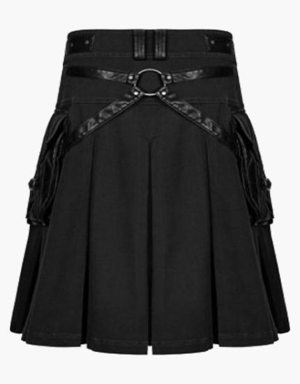 Modern Black Denim Kilt with Leather Pockets and Straps