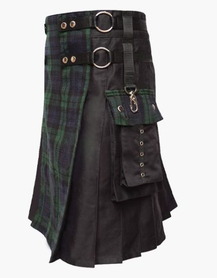 Men’s Modern Black Hybrid Kilt with Tartan Apron and Utility Pockets