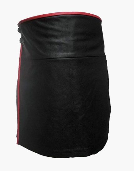 Modern Black Leather Kilt with Red Piping and Buckle Straps