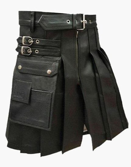 Modern Black Pleated Leather Kilt with Side Pocket Design