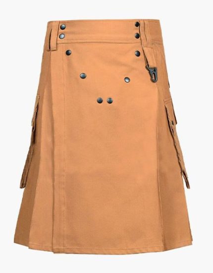 Tan Tactical Kilt with Cargo Pockets and Studded Fringe