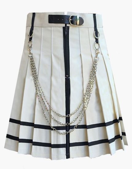 Women’s White Pleated Mini Gothic Kilt with Black Straps and Chain Details