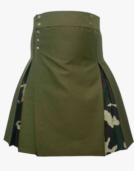 Olive Green and Camouflage Tactical Kilt with Cargo Pockets and Studs