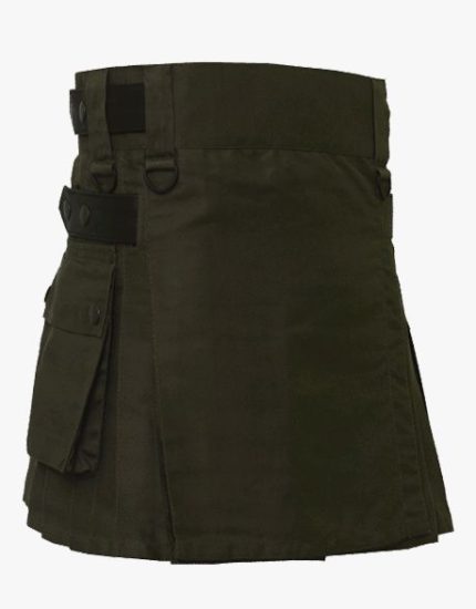 Women’s Olive Green Mini Utility Kilt with Leather Straps and Functional Pockets