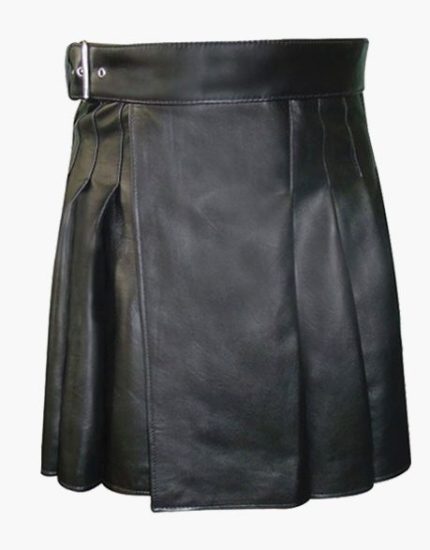 Classic Black Leather Kilt with Pleated Design and Adjustable Belt