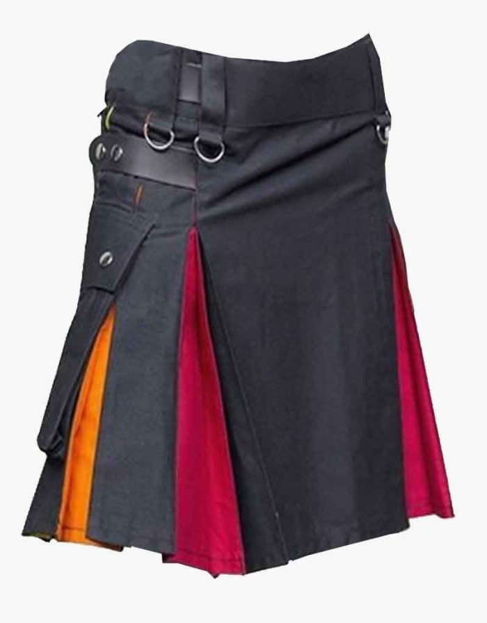 Women’s Black Hybrid Utility Kilt with Multicolored Pleats and D-Ring Accents