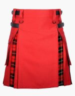 Men’s Red Hybrid Utility Kilt with Wallace Tartan Pleats and Leather Straps