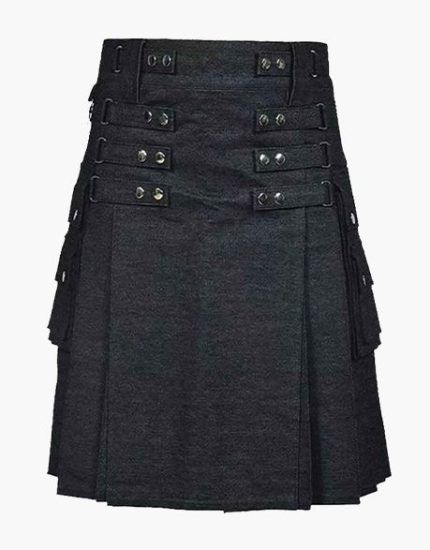 Black Denim Kilt with Silver Studs, Buckles, and Cargo Pockets